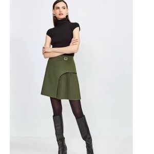 NWT $232 Karen Millen Buckle Detail Pleated Mini Skirt khaki size 10